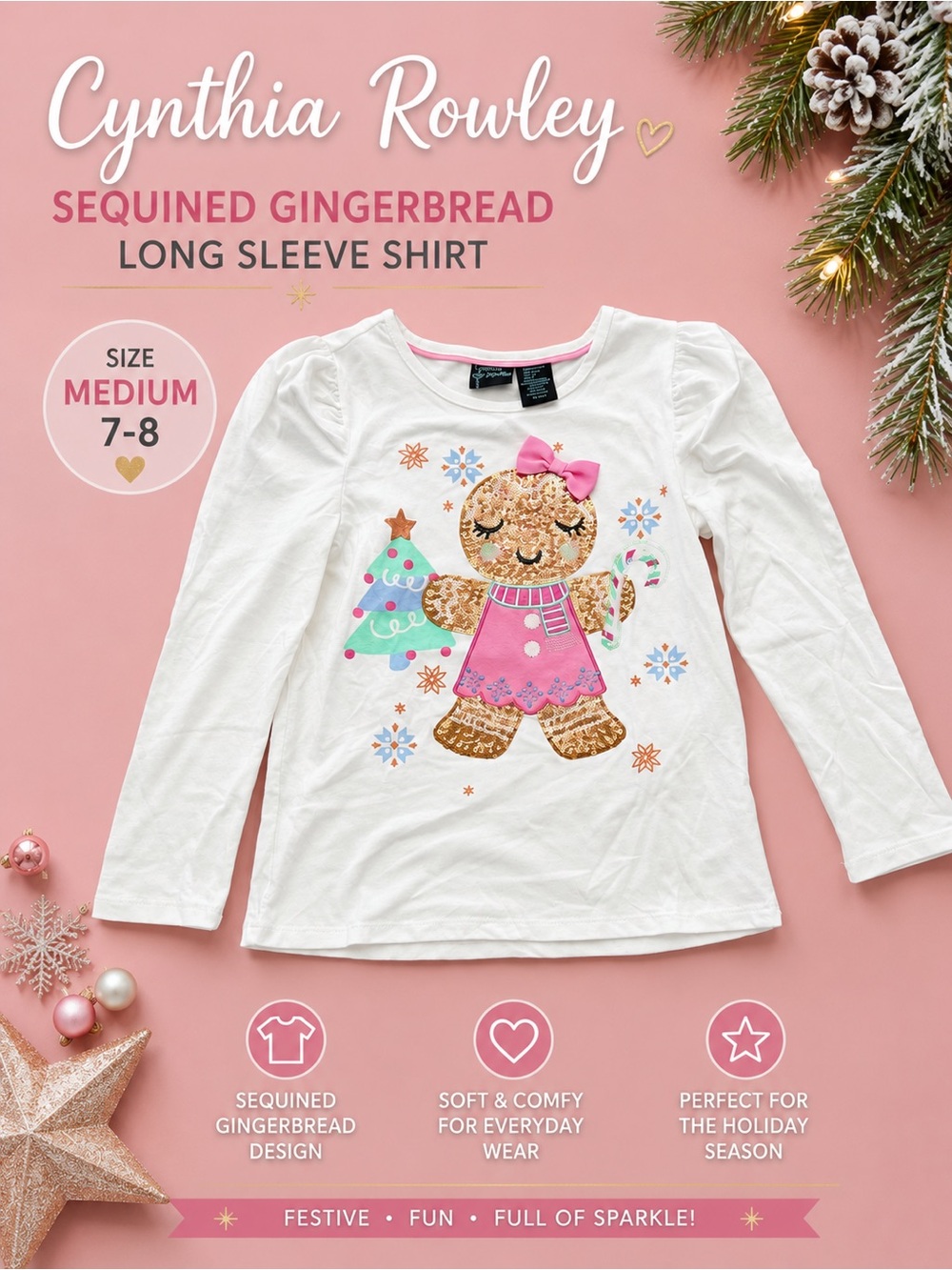 Cynthia Rowley White Long Sleeve Tee with Pink Sequin Gingerbread